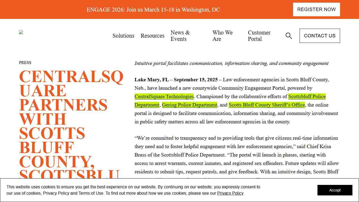 CentralSquare Partners with Scotts Bluff County, Scottsbluff PD, Gering PD to Launch Countywide Community Engagement Portal CentralSquare
